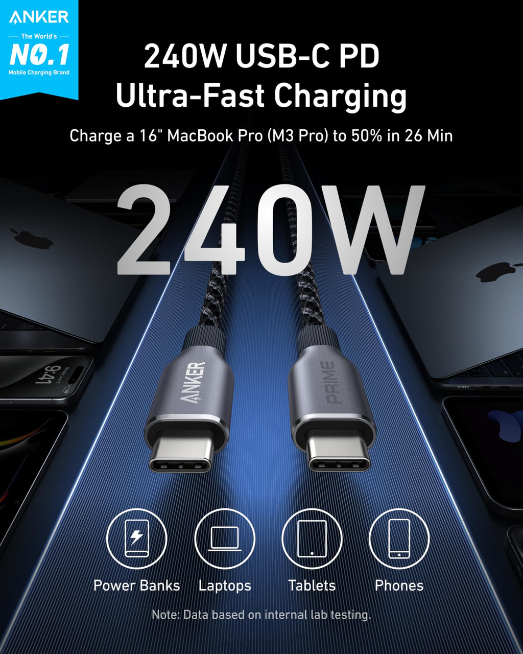 Prime USB-C to USB-C Cable (240W, Upcycled-Braided) O1