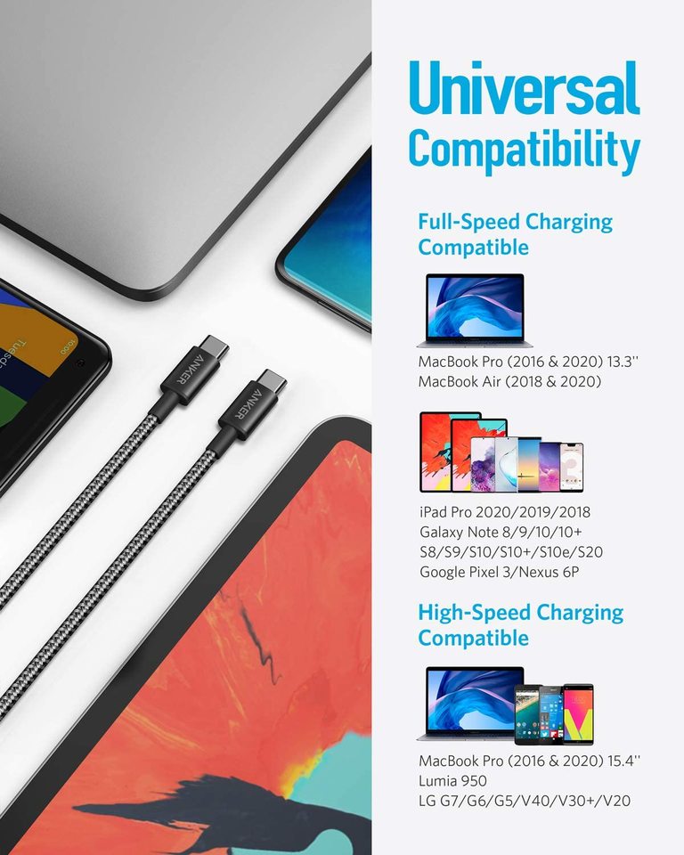 2-Pack New Nylon USB-C to USB-C Cable (3 ft / 6 ft, 60W) H6