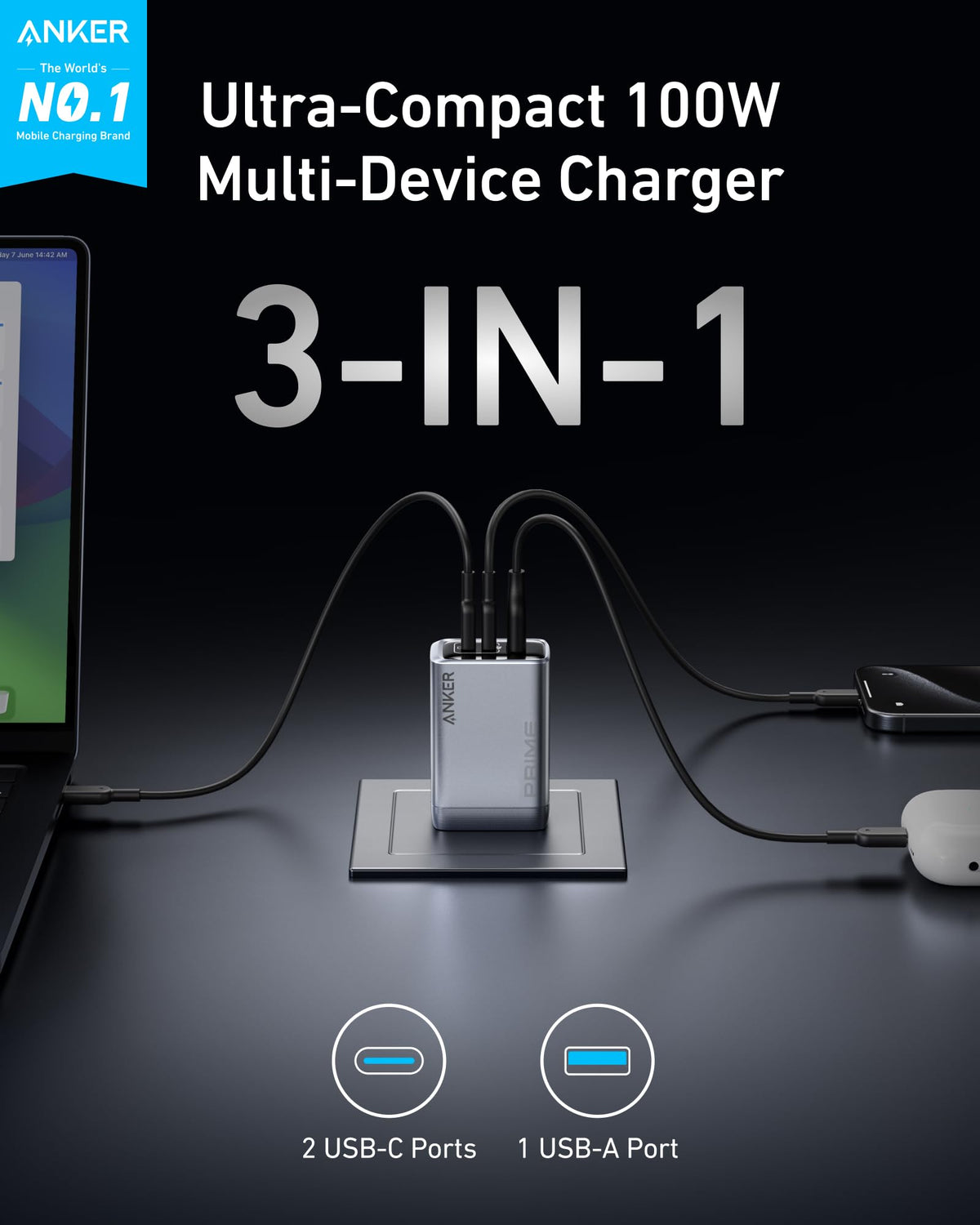 Prime Charger (100W, 3 Ports, GaN) and USB-C to USB-C Cable (240W, 6 ft) V1