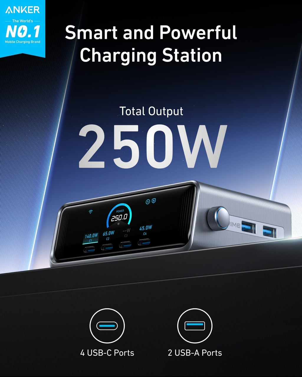 Prime Charger (250W, 6 Ports, GaNPrime) with USB-C to USB-C Cable (240W) G0