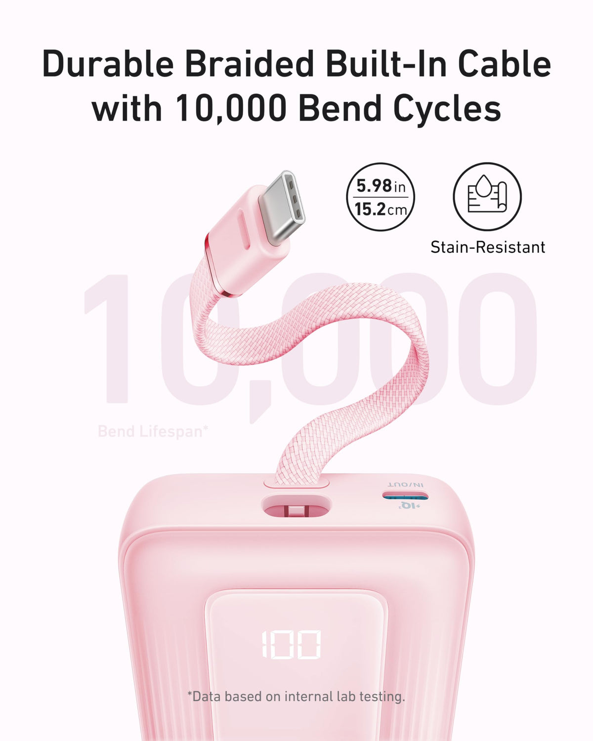Zolo Power Bank (10K, 30W) with a 5.4-inch (13.7 cm) built-in USB-C cable. I3