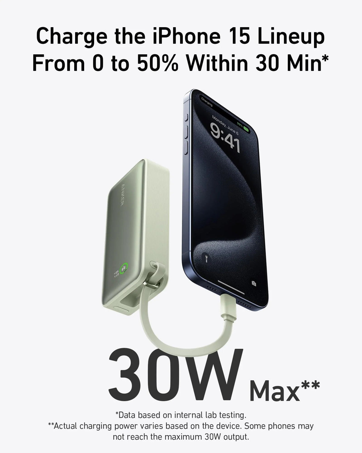 Nano Power Bank (30W, Built-In USB-C Cable) X0